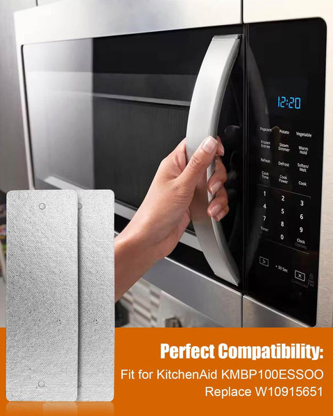 Replacement Microwave Waveguide Cover 5.16 Inch By 2.16 Inch Mica Sheet next to a microwave door handle