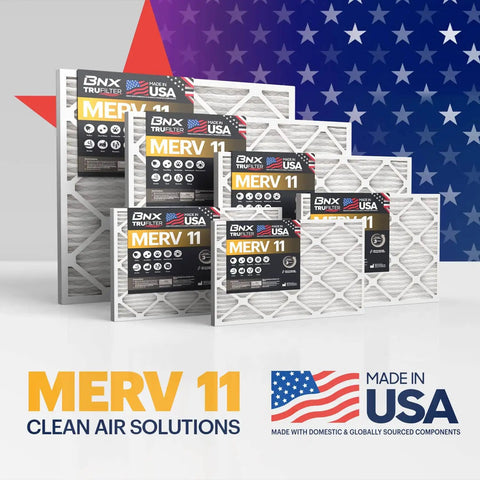 Image showing six-pack of Air Filter 20x20x1 MERV 11 pleated electrostatic media with USA flag backdrop.