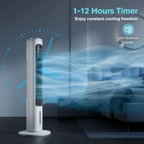 Turbocharged Evaporative Air Cooler Tower Fan With Remote in bedroom setting, showcasing 1-12 hour timer and ultra-quiet operation.