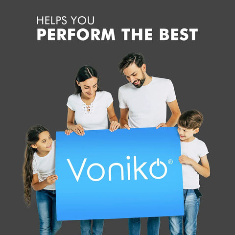 Family holding a blue sign displaying Voniko logo, promoting the message 'helps you perform the best'.
