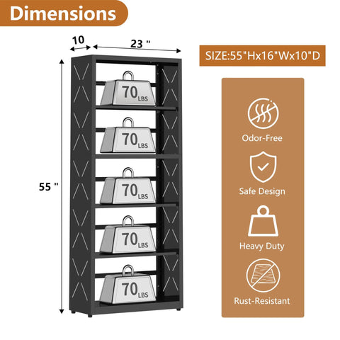 Straight Up Solid Five Tier Metal Bookshelf With Adjustable Shelves Tall Black Storage Rack dimensions showing 55" height and heavy load capacity.