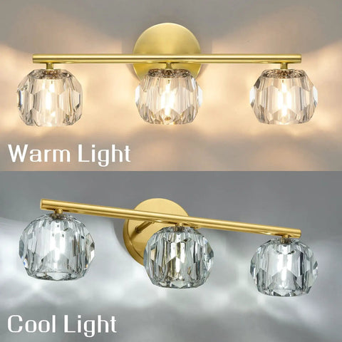 Three Light Gold Brass Vanity Light Fixture With Clear K9 Crystal Glass For Bathroom Over Mirror Modern Wall Sconce 120V G4 Base Lit Glow That Elevates Your Space And Keeps It Bright showing warm and cool light options.