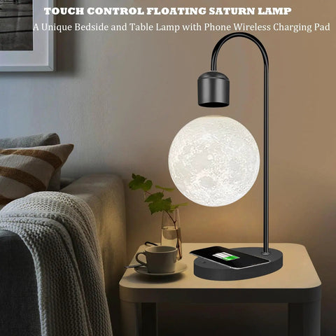 Levitating Lamp With Wireless Phone Charger on bedside table, Floating Light Bulb Table Light, Magnetic Levitation Night Light glowing
