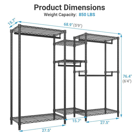 Heavy Duty Wire Clothes Rack Featuring Four Adjustable Hanging Rods And Seven Roomy Storage Shelves For An Absolute Boss Everyday Max Capacity Closet Storage Arrangement with dimensions 68.9" x 76.4".