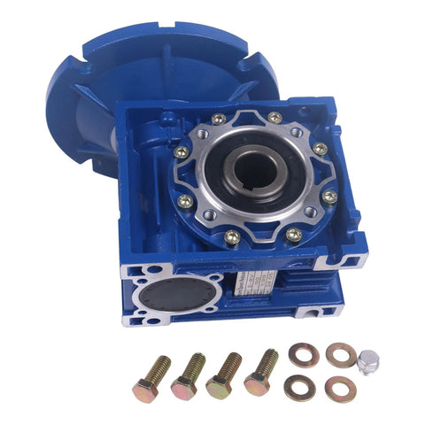 Front view of blue HOLDWELL MRV050 worm gear speed reducer (30:1, 56C) with mounting screws and washers.