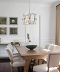 Dining room with Brushed Nickel Drum Pendant Chandelier For Dining Room 4 Light Modern Round Fixture Above Wooden Table