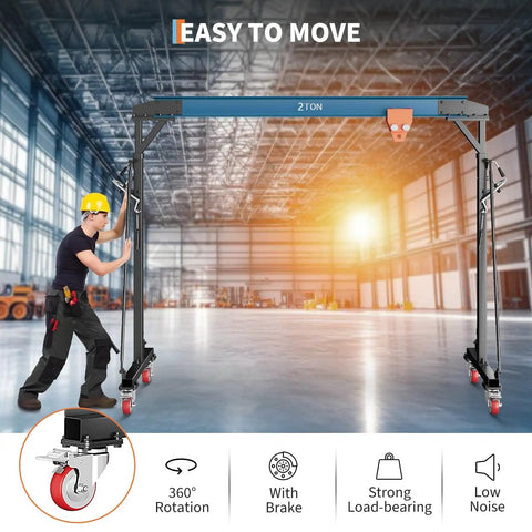 Portable 2 Ton Gantry Crane With Manual Trolley, 8-12 Ft Adjustable Height in warehouse, featuring locking casters and hooks.