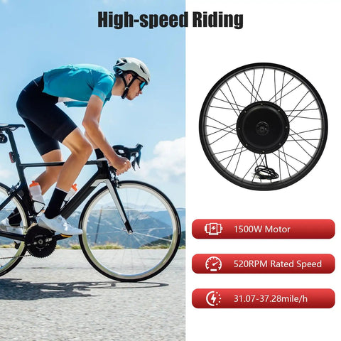 Cyclist next to 1500W Front Wheel Hub Motor Conversion Kit For 26 Inch By 4 Inch E Bike DC 48V Electric Bicycle Conversion Kit