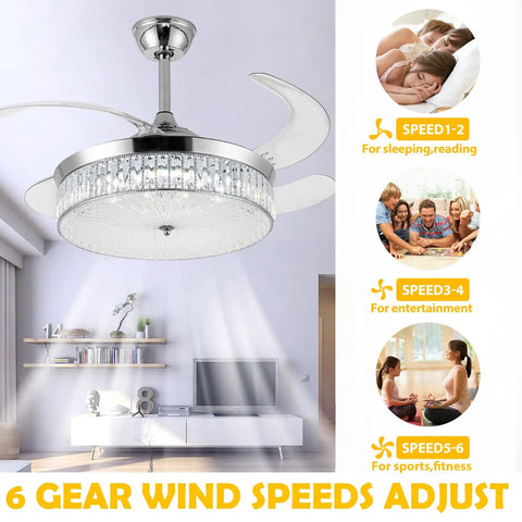 Lit Crystal Ceiling Fan With Lights 42 Inch LED Remote 3 Color Temp Retractable Invisible Blades 6 Speeds in living room