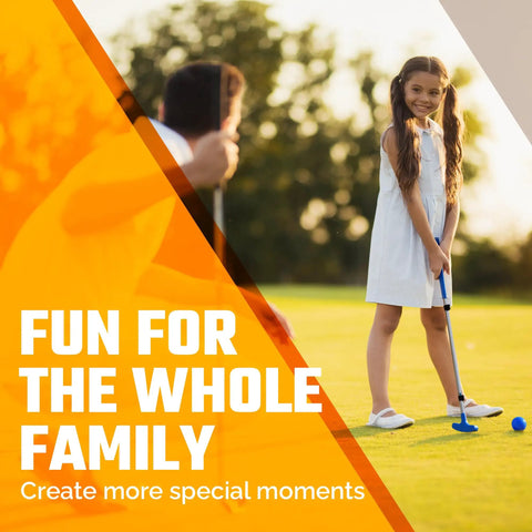 Young girl using Junior Golf Putter With Extendable Shaft For Right Or Left Hand Kids on golf course with family playing