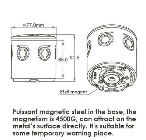Top Notch Solar Strobe Warning Light Built Tough With Heavy Duty Magnetic Base, showing dimensions and magnet details.