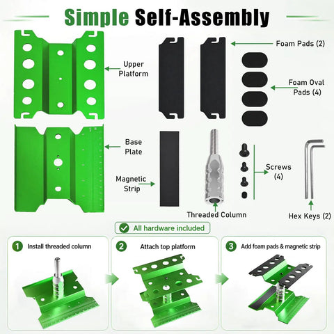 Exploded view of an Adjustable Aluminum RC Car Repair Stand With 360 Degree Rotation highlighting components and self-assembly instructions.