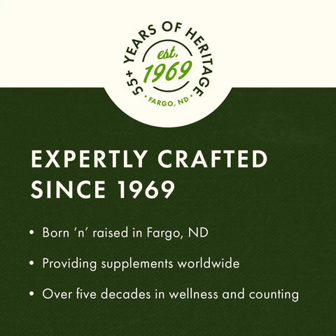 Heritage seal stating 'Expertly Crafted Since 1969,' highlighting longevity and origins in Fargo, ND, with worldwide supplement distribution.