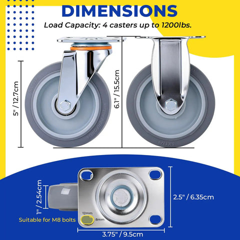 Badass Ultra Heavy Duty 8 Pack 5 Inch Caster Wheels Replacement Kit With TPR Rubber Swivel And Rigid Options, dimensions display.