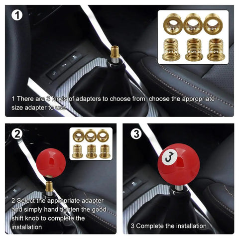 Installation steps for Billiard Style Shift Knob For Cars Trucks And SUVs Red No 3 Round Ball Gear Shifter Knob For Automatic And Manual Transmission Easy Grip And Cool Interior Accessory.
