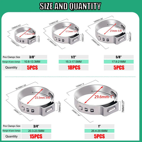 Diagram showing sizes and quantities of Rugged Pro Grade PEX Cinch Clamps Kit 5 Size 3/8 1/2 3/4 5/8 1 Inch Stainless Steel Crimp Rings