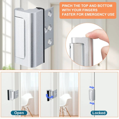 Straight Up Heavy Duty Double Pack Door Security Bolts With Three Inch Reinforced Steel Strike Plates That Offer An Ultra Tough Kick Resistant Eight Hundred Pound Shield Silver Finish, showing installation process and usage.