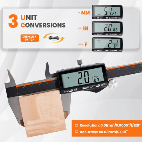 Rechargeable Digital Caliper 0 To 8 Inch With Large LCD Screen showing measurements in mm, inches, fractions; stainless steel body.