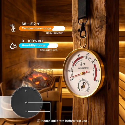 2 In 1 Sauna Thermometer And Hygrometer For Home Infrared Indoor Use Portable Steam Sauna Box Accessory Precision Temperature Gauge And Humidity Monitor Measures 68 To 212 Fahrenheit And 0 To 100 Percent Humidity, round gold wall-mounted sauna gauge