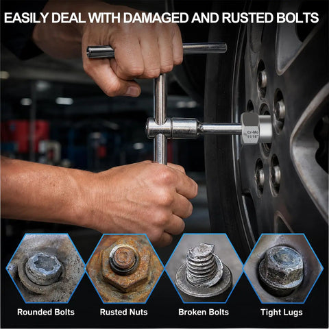 User removing a rusted bolt with the 16 Piece Chrome Moly Steel Bolt Extractor Socket Set To Bust Loose Stubborn Rusted And Stripped Nuts Pro Grade Mechanic Garage Wrench Kit For Quick Fastener Removal.
