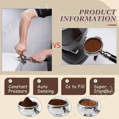 No Brainer 58Mm Espresso Coffee Tamper, Rock Solid Stainless Steel Manual Press demonstrating hand tamping vs automatic tamping.