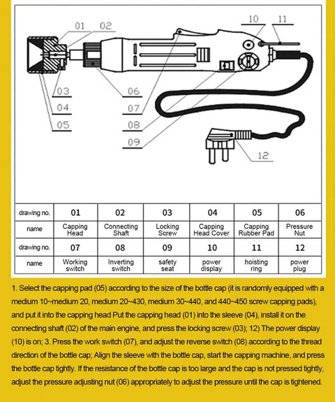 Heavy Duty Go To Handheld Electric Bottle Capper Delivers Knockout Torque For Hassle Free Cap Sealing On Beverage Bottles 10 To 50 mm Sweet Fit 220V Power schematic showing parts and assembly instructions.