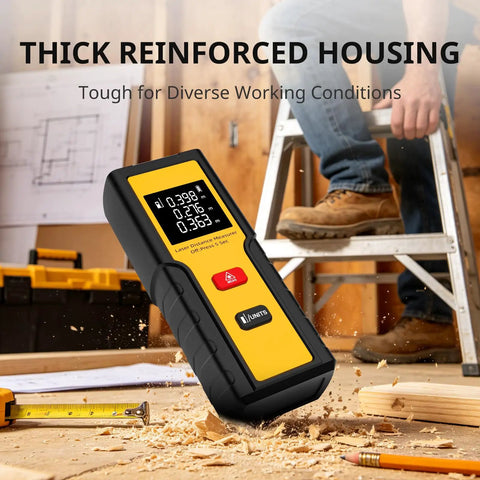 Close-up of The Slick Pocket Laser Distance Meter Spanning 165 Feet with reinforced housing on a construction site.