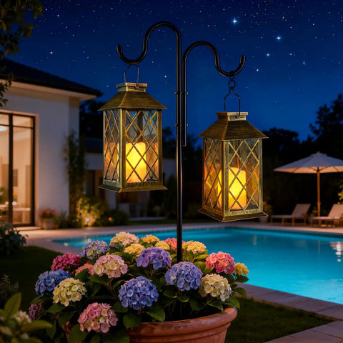 Solar Lanterns Outdoor Waterproof Garden Lanterns With Metal Leaf Pattern hanging by pool at night, illuminating flowers