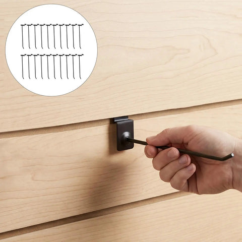 Heavy Duty Iron Shelf Hooks 20 Pack For Slatwall Slot Board And Pegboard 4mm Rod Thickness Burrfree Polished Finish No-Drill Mounting