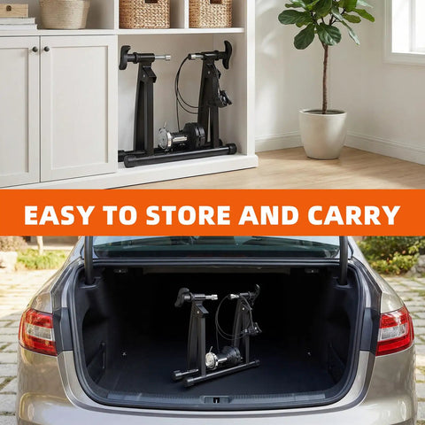 Foldable Magnetic Indoor Bike Trainer With Wheel Riser Block, Six-Level Resistance stored in car trunk and cabinet.