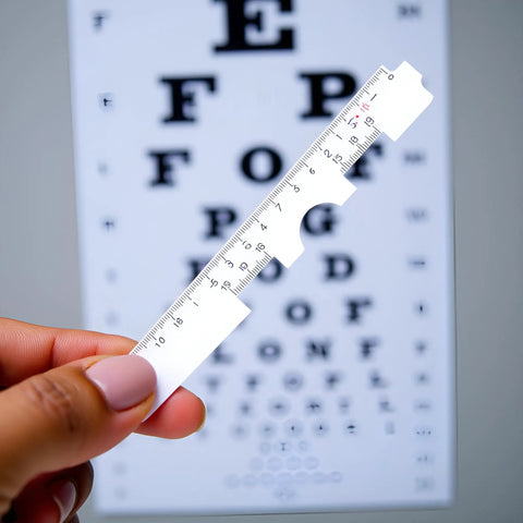 Two Piece White Pupil Distance Ruler For Eye Care And Prescription Eyeglasses PD Meter With Monocular And Binocular Measurement Options And Easy Read Scale, held in front of eye chart