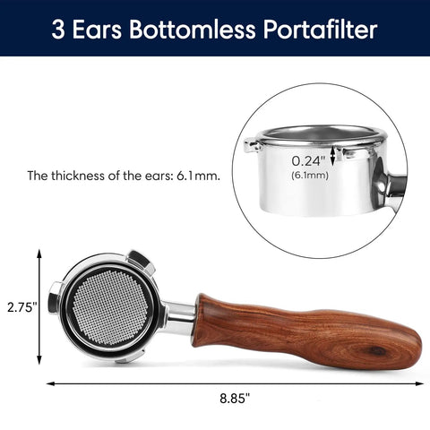 Bottomless 54mm Espresso Portafilter With 3 Ears And Puck Screen showing dimensions and wooden handle