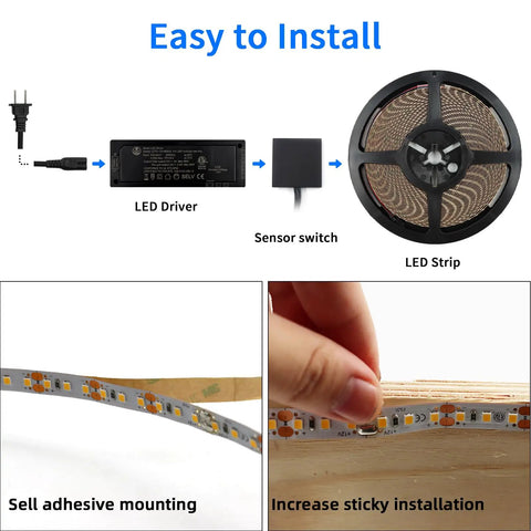 Diagram of Warm White LED Strip Lights 16.4ft 120 LEDs Per Meter 1000 LM installation process with adhesive and sensor switch.