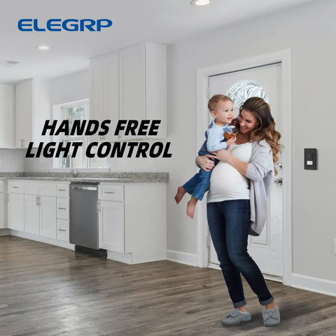 Mother holding child in kitchen near Occupancy Motion Sensor Light Switch No Neutral Needed, ultra slim, matte black, single pole.
