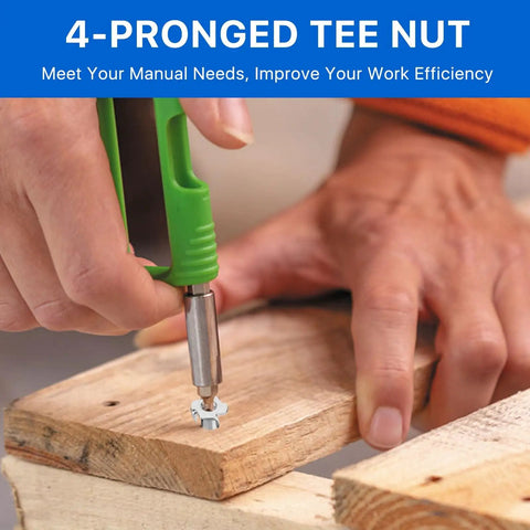 Installing 4-pronged tee nut in wood for secure joints, focus on 100 Pack One Quarter Twenty T Nuts Stainless Steel 304 Four Prong Tee Nuts