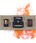 Portable Home Safe With Key Lock And Dual Latches, One Hour UL 350 Fire Rating Up To 1700 Degrees, taupe with fire background
