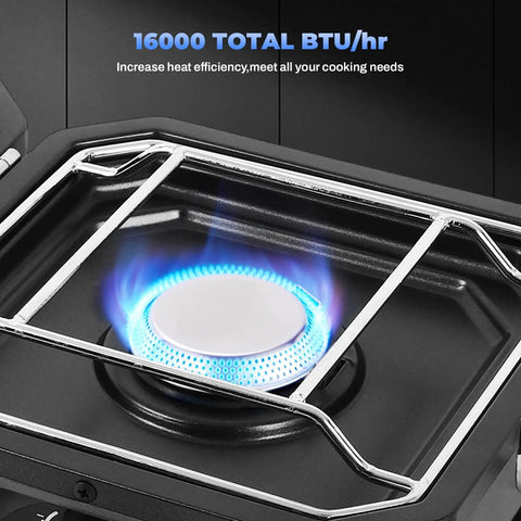 Close-up of single burner on Dual Burner Propane Camping Stove With Piezo Ignition, blue flame, 16000 BTU, windproof design.