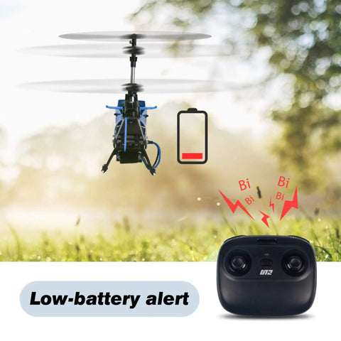 U12 RC Helicopter With Altitude Hold And Gyro Stabilization flying outdoors with controller, low-battery alert displayed