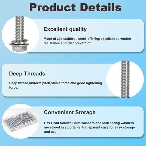 Heavy Duty 1/4-20 Hex Head Bolts Kit With Nuts Flat Washers And Spring Lock Washers Fully Threaded Stainless Steel 304 Bright Finish