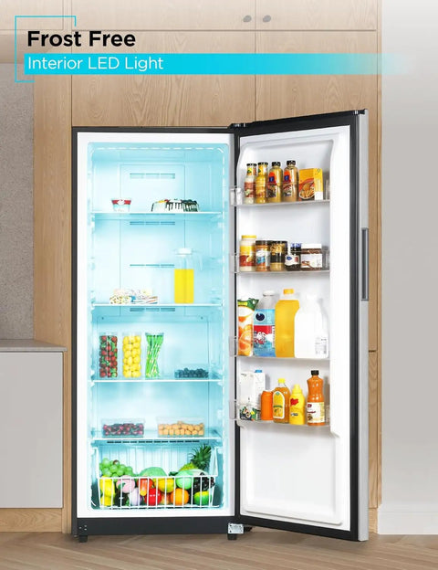 Heavy Lifter 14 Cubic Foot Convertible Freezer And Refrigerator With No Sweat Frost Free Build Glass Racks And Brushed Steel Exterior, interior view with LED light and organized shelves.