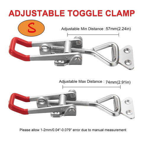 Heavy Duty Toggle Latch Pair Quick Release Cabinet Hasp Rugged Steel Clasp With Snap Tight Lever Pull And No Sweat Screw Fasteners For Toolboxes And Gear Secure Lock Down, adjustable clamp showing minimum and maximum distances.