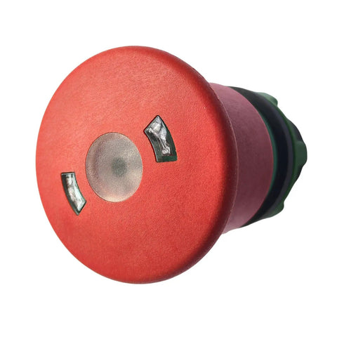 Straight Up Badass Aftermarket Emergency Stop Button For Heavy Duty Scissor Lifts And Rough Terrain Gear Sweet Safety Swap Part 147051 close-up view of button with activation indicators.