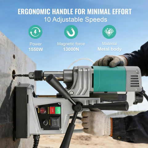High Power 1550W Magnetic Drill Press With 1.57 Inch Maximum Bore, 210mm Stroke, 820 RPM No Load Speed, 13000N Magnetic Pull, Twist Drill Adapter, Electric Mag Drill For Steel and Heavy Duty Projects in use with ergonomic handle.