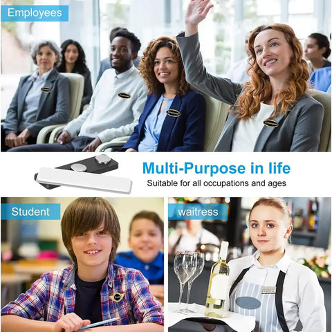 Rock Solid Magnetic Badge Holders Three Pack for Shirts Uniforms and Name Tags featuring students and employees in uniform settings.