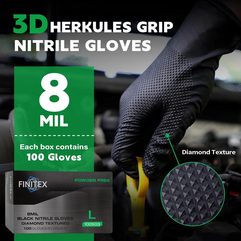 FINITEX black nitrile disposable gloves, 8 mil, powder-free, diamond-textured, box of 100, size L