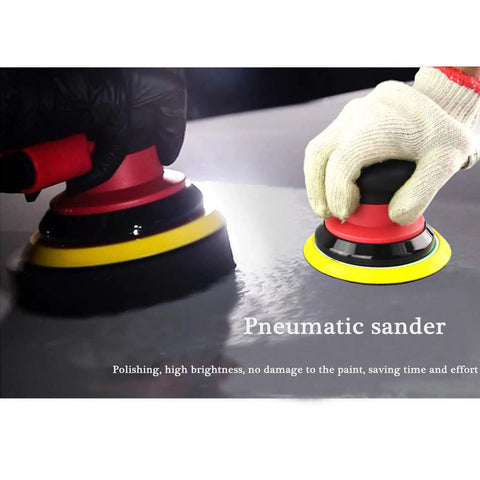 Hands using Heavy Duty 5 Inch Random Orbital Palm Sander Dual Action Pneumatic Power Tool With Aluminum Body on surface
