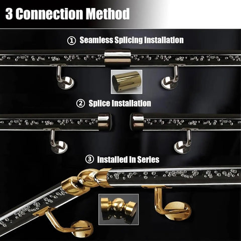 3 connection methods for Premium Clear Acrylic Handrail For Indoor Stairs And Hallways Featuring Rock Solid Stainless Brackets.