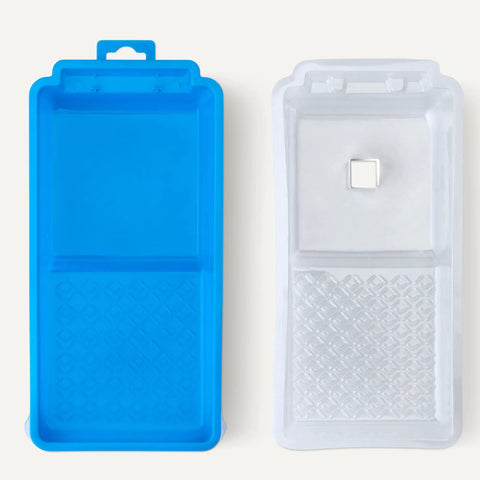 Premium Foam Paint Roller Kit With Four Inch Rollers And Full Eight Cover Set durable blue and clear paint trays side by side.