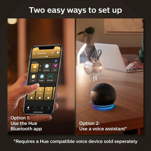 Smart A19 Filament LED Bulbs control via app and voice assistant options displayed.