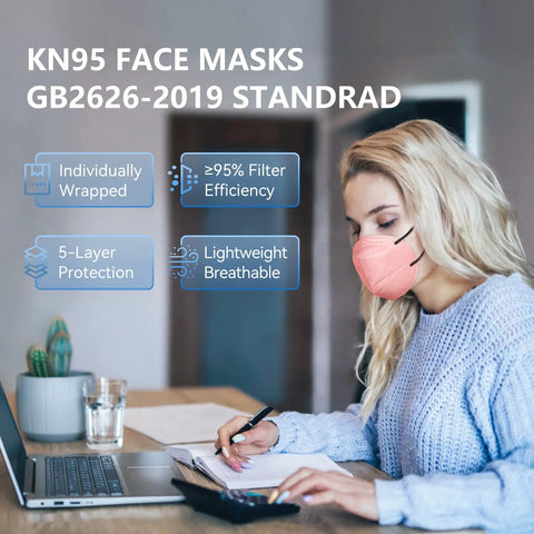 Person wearing KN95 Face Masks 30 Pack Individually Wrapped Five Ply Cup Style Dust Masks in Morandi color, breathable and comfortable.